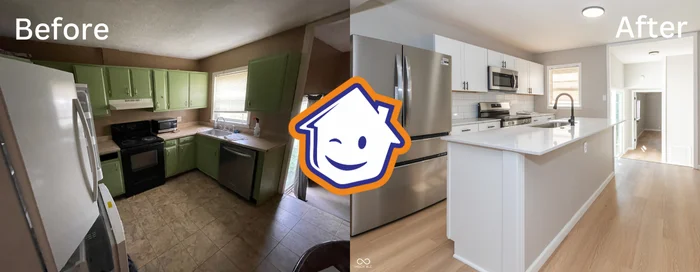 Comparison of outdated kitchen before renovations and the kitchen after the upgrades were completed, showing a beautifully finished Indianapolis house